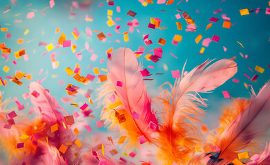 Colorful Confetti Dance Against Blue Background, Illuminated by Pink and Yellow