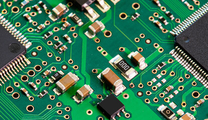 Macro Close up of components and microchips on PC circuit board