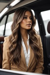 A woman with long brown hair is sitting in a car