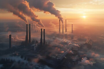 Enter the industrial dawn where smokestacks emit billowing clouds of emissions
