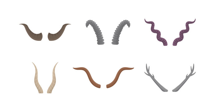 Horny hunting trophy of argali sheep, ibex, african buffalo, stag and reindeer. Icons in flat design. Set of horn of different animals isolated on a white background.