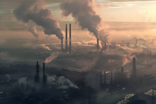 Enter the industrial dawn where smokestacks emit billowing clouds of emissions