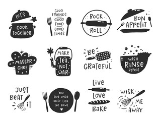 Cooking lettering icons set. Hand drawn vector illustration. For badges, labels, logo, bakery, street festival, farmers market, country fair, shop, kitchen classes, cafe, food studio