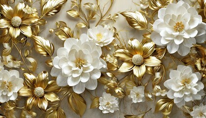 Elegant Golden and White Floral Mural: 3D Wallpaper Design
