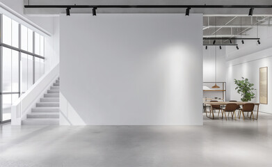 Open space office interior with blank wall