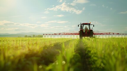 Photography Tractors Sprayer Arms Extended Apply Treatment to Vast Green Farmland generative ai - obrazy, fototapety, plakaty