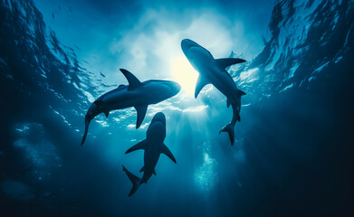 Sharks swim in the deep sea.