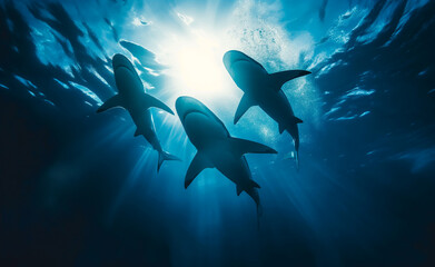 Sharks swim in the deep sea.