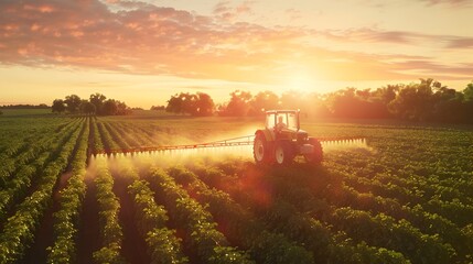 Golden Hour Crop Treatment Tractor with Sprayer Arms Extended in Lush Farmland generative ai - obrazy, fototapety, plakaty