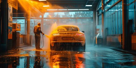 Washing a car at a contactless self-service car wash. Washing a sedan car with foam and high-pressure water. - obrazy, fototapety, plakaty