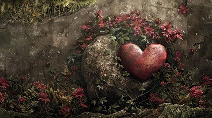 A serene garden heart juxtaposed with a heavy dragging boulder of sentimentality. - obrazy, fototapety, plakaty