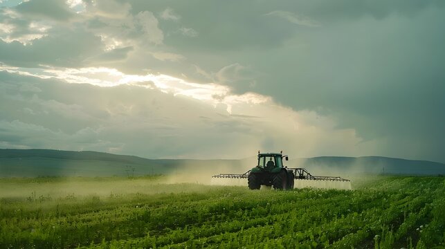 Modern Farming in Action Tractor Applying Treatment to Vast Green Crops on a Rainy Day generative ai