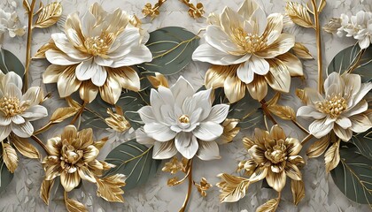 Dreamy Golden and White Floral Mural: 3D Wallpaper Design