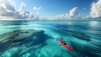 red kayak in blue ocean on a sunny day