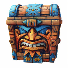 Tiki treasure chest. Tiki loot box. Tiki chest game icon. 3D treasure chest icon. Game treasure chest. Tiki case. Tiki wooden face chest.