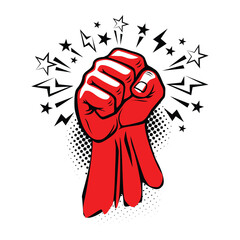 Red hand raised clenched fist. Symbol of revolutionary protest, threat, danger. Vector on transparent background