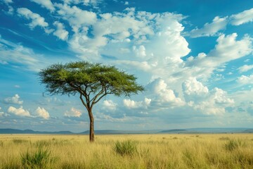 Fototapeta na wymiar Beautiful landscape with lonely tree on the meadow under cloudy sky