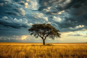 Beautiful landscape with lonely tree on the meadow under cloudy sky - obrazy, fototapety, plakaty