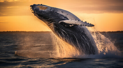 A humpback whale jumping out of the water - obrazy, fototapety, plakaty