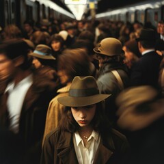 Young escapee blending into a crowd at a bustling train station, their face partially obscured by a wide-brimmed hat. The use of soft focus and earthy tones enhances the anonymity and surreptitious.