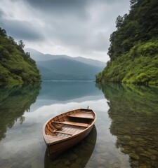 Obraz premium A rustic wooden rowboat rests on the glassy surface of a foggy lake, surrounded by rising mist and dense hillside forests. The silence of the scene is palpable, inviting contemplation. AI generation