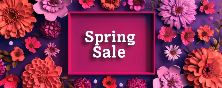 Spring Sale - text in a frame with 3d flowers background. Promotional banner background for spring sale