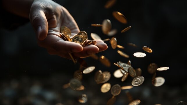 Hand dropping numerous identical coins, symbolizing the abundance and commonality of the subject. The coins create a dynamic motion as they fall.
