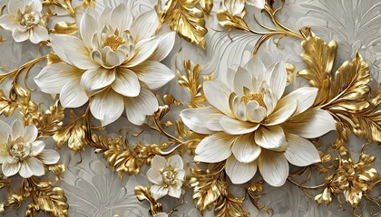 Opulent Golden and White Floral Wallpaper: 3D Mural Design
