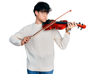 Handsome hipster young man playing violin puffing cheeks with funny face. mouth inflated with air, catching air.