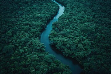 Aerial view of the river flowing through the forest. Beautiful nature landscape