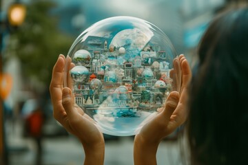 Person holding a thought bubble filled with miniature scenes representing diverse concepts and inspirations. The image visually conveys the complexity and richness of a single idea.  - obrazy, fototapety, plakaty