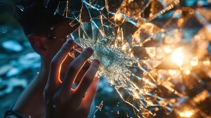 Person holding a broken mirror, with shattered pieces reflecting a mosaic of light and new possibilities. The image conveys the transformative nature of challenges. - obrazy, fototapety, plakaty