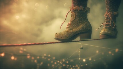 Person walking on a tightrope wearing elaborate, mismatched shoes, symbolizing the delicate balance required for fancy footwork in life. The image is bathed in soft, dreamlike lighting. - obrazy, fototapety, plakaty