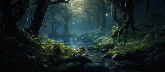 Tranquil scenery of a dense forest enveloped in darkness with a serene stream gently flowing through the lush greenery
