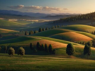 Fototapeta premium a painting of a mountain landscape with mountains in the background