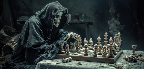 Grim Reaper Sitting and playing chess. Concept of death, memento mori.
