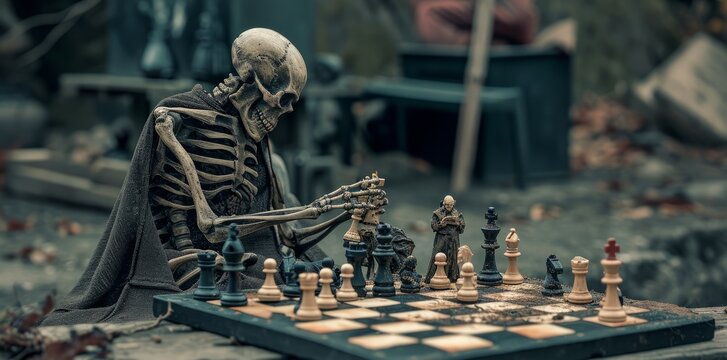Grim Reaper Sitting and playing chess. Concept of death, memento mori.