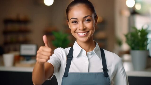 cute friendly-looking barista or waitress show thumbs-up and
