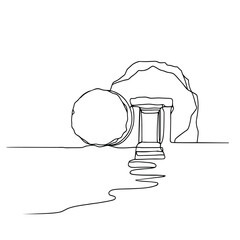 The Lord's tomb, Christ is risen, hand drawn outline image on a white background. Vector