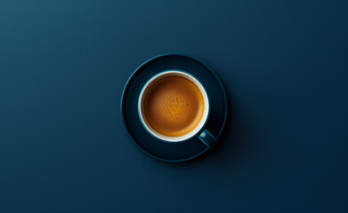 Espresso Cup on Saucer. Dark blue color. top view. - obrazy, fototapety, plakaty