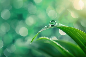 Water drop on green leaf with copy space. Nature background. Shallow depth of field