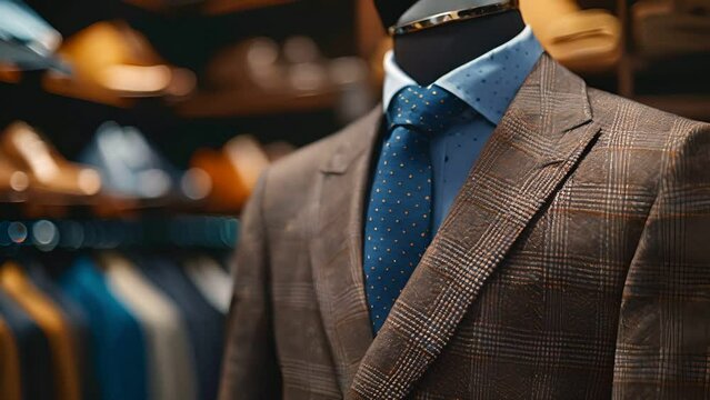 Close-up of a classic suit and tie combo in a men clothing store, epitome of business fashion
