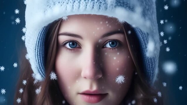 portrait of woman, snow and snowflakes, winter seasons, Generative AI,