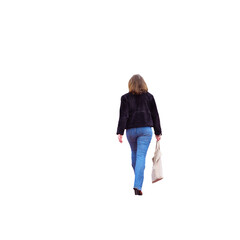 Femme d'environ quarante cinq ans qui marche, de dos, Elle porte un jean, un blouson noir et tient...