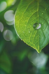 Water drop on green leaf with copy space. Nature background. Shallow depth of field