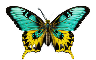 A vibrant blue and yellow butterfly gracefully flutters against a crisp white backdrop