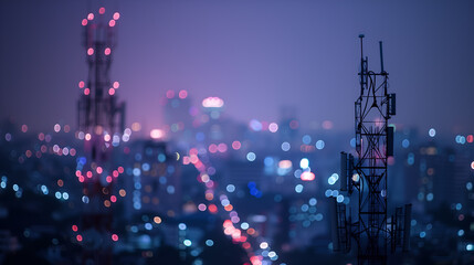 Fototapeta premium Telecommunication tower and cityscape at twilight time, technology background.