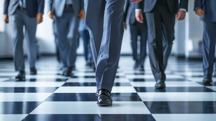  Illustration of leadership concept with businessmen in blue suits leading forward on a checkered floor.