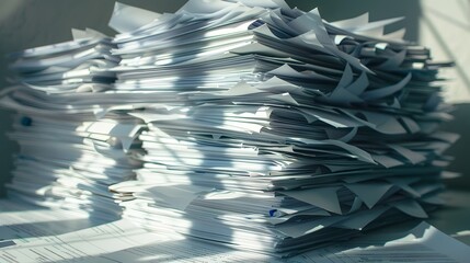 Towering Stack of Paperwork Casting Dramatic Shadow Representing Administrative Challenges and Organizational Workload - obrazy, fototapety, plakaty