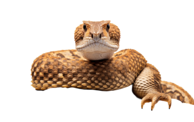 A snake slithers gracefully against a stark white background, showcasing its intricate scales and mesmerizing movement